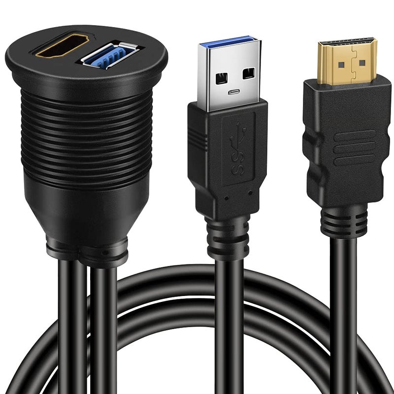 BATIGE USB 3.0 & HDMI to HDMI + USB3.0 AUX Extension Dash Panel Waterproof Car Flush Mount Cable for Car Boat and Motorcycle - 3ft - Image 1